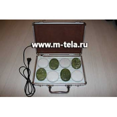 A set of stones in a heated case, green and white Chinese jade, 8 pcs.